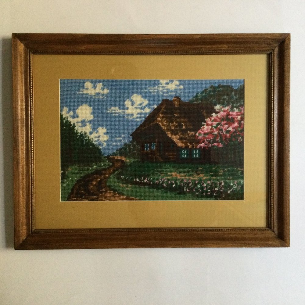Embroidery needlework yarn art picture landscape house flower framed 46cm x 36cm